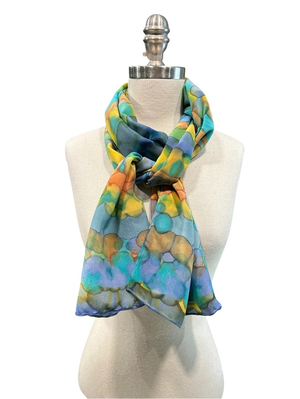 Hand Painted Blue, Orange, Turquoise, Yellow Silk Scarf NWT - Picture 2 of 5